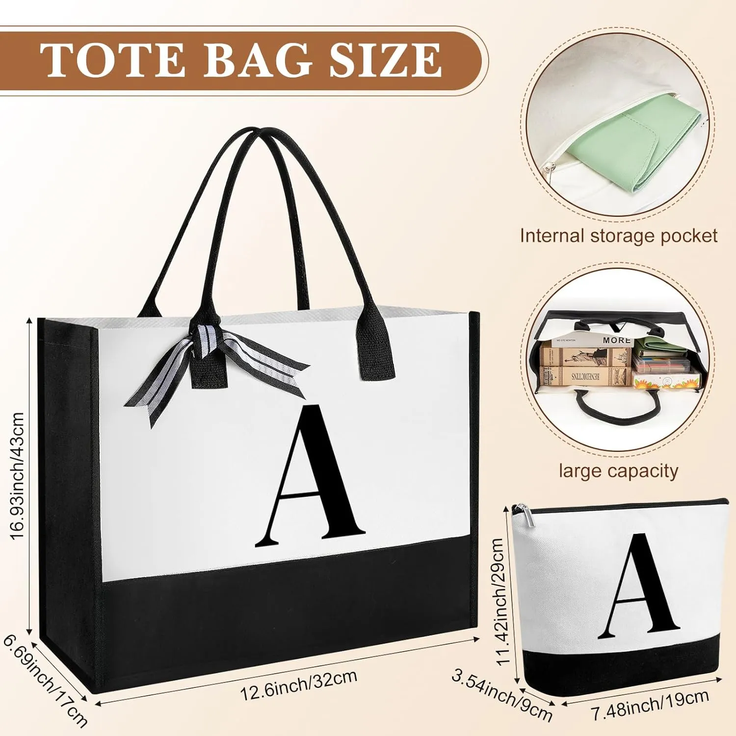 Aliceset Initial Gifts for Women Monogram Canvas Tote Bag and Makeup with Zipper and Initial Glass Coffee Cup Gifts for Her