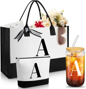 Aliceset Initial Gifts for Women Monogram Canvas Tote Bag and Makeup with Zipper and Initial Glass Coffee Cup Gifts for Her