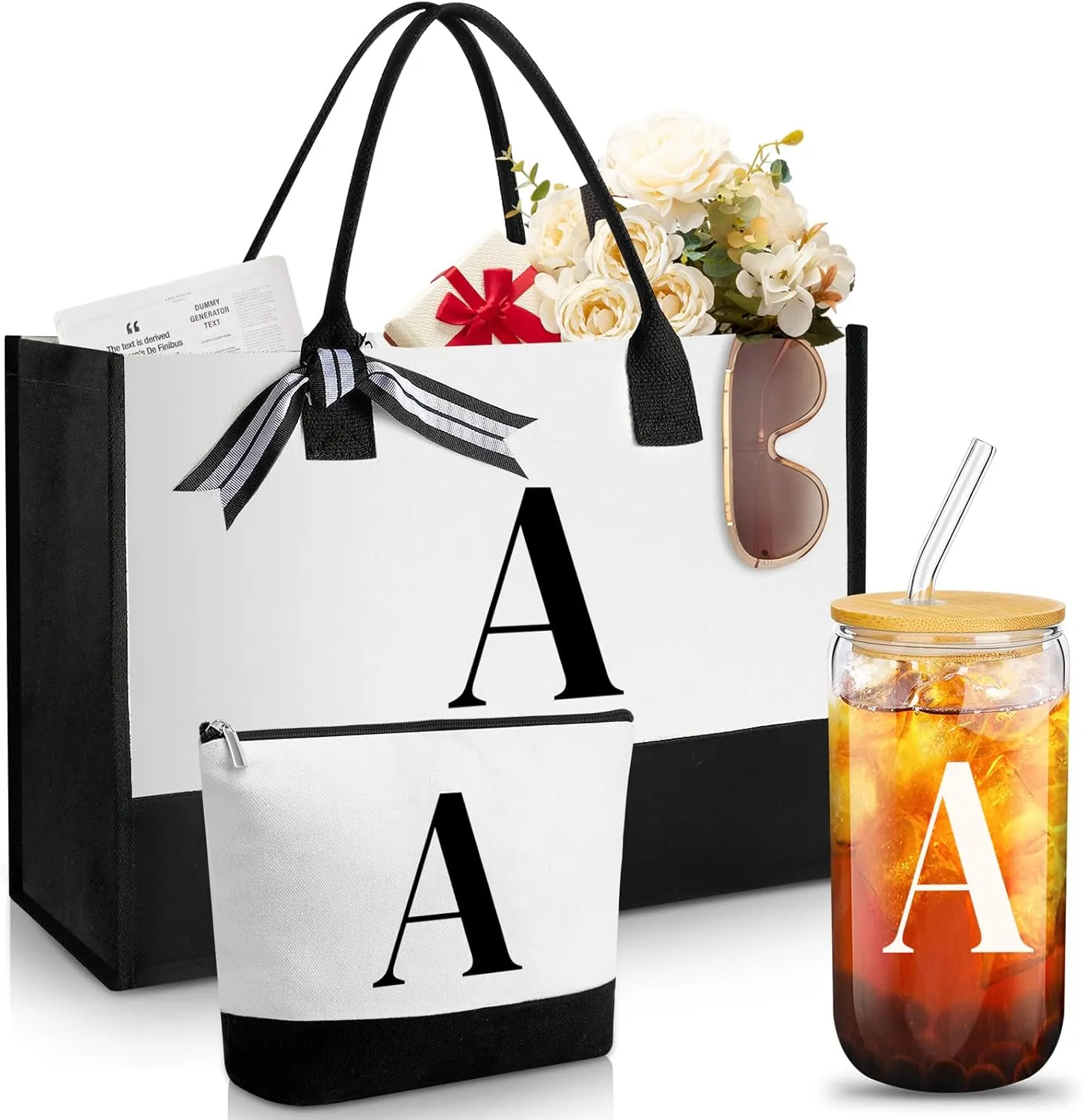 Aliceset Initial Gifts for Women Monogram Canvas Tote Bag and Makeup with Zipper and Initial Glass Coffee Cup Gifts for Her