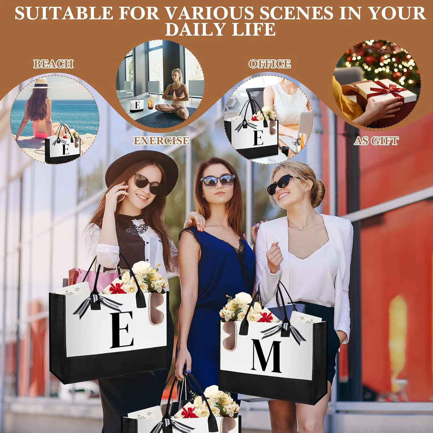 Aliceset Initial Gifts for Women Monogram Canvas Tote Bag and Makeup with Zipper and Initial Glass Coffee Cup Gifts for Her