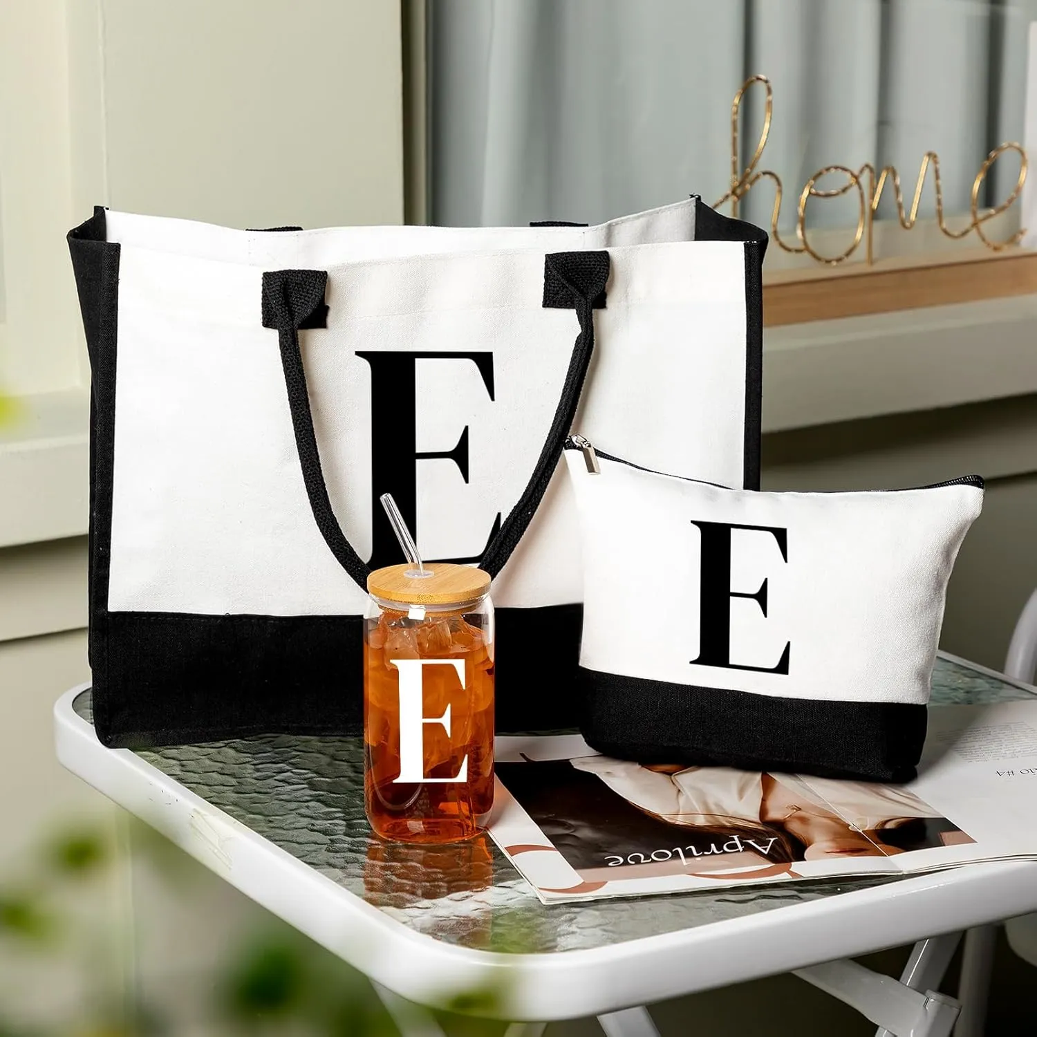 Aliceset Initial Gifts for Women Monogram Canvas Tote Bag and Makeup with Zipper and Initial Glass Coffee Cup Gifts for Her
