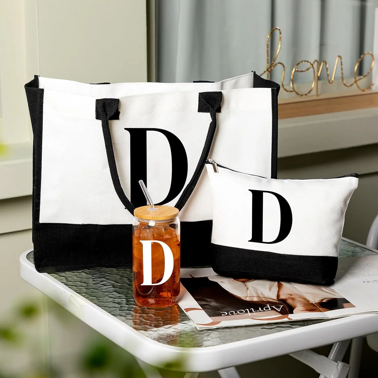 Aliceset Initial Gifts for Women Monogram Canvas Tote Bag and Makeup with Zipper and Initial Glass Coffee Cup Gifts for Her