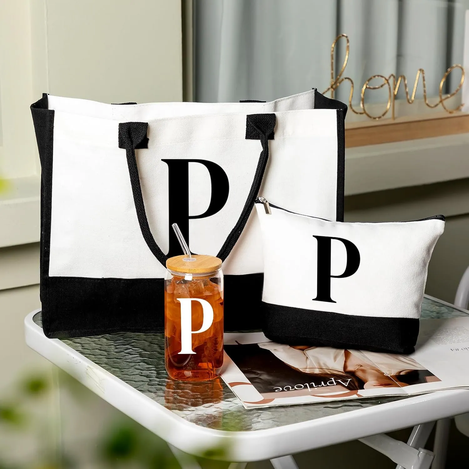Aliceset Initial Gifts for Women Monogram Canvas Tote Bag and Makeup with Zipper and Initial Glass Coffee Cup Gifts for Her
