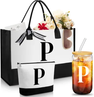 Aliceset Initial Gifts for Women Monogram Canvas Tote Bag and Makeup with Zipper and Initial Glass Coffee Cup Gifts for Her