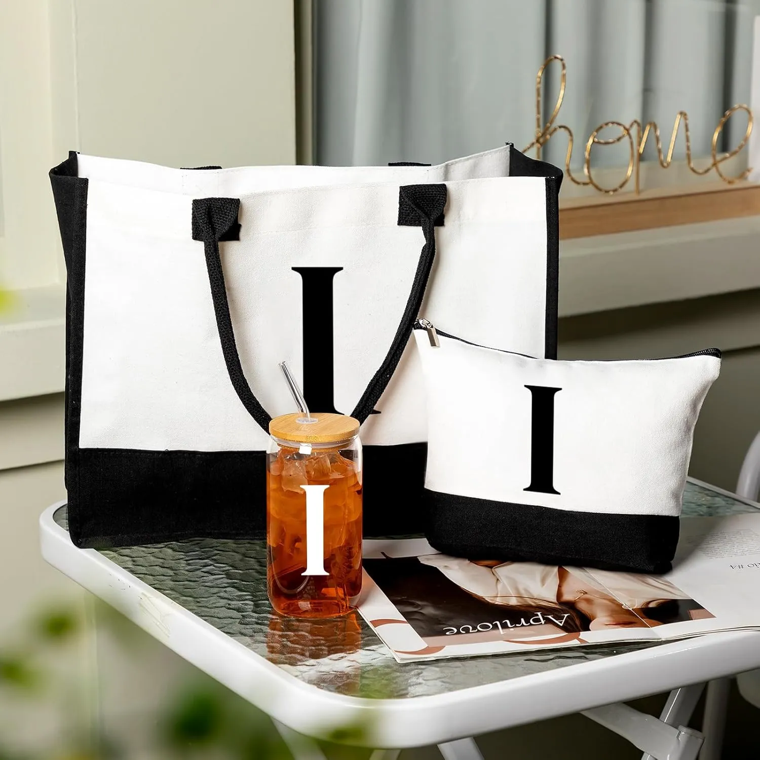 Aliceset Initial Gifts for Women Monogram Canvas Tote Bag and Makeup with Zipper and Initial Glass Coffee Cup Gifts for Her