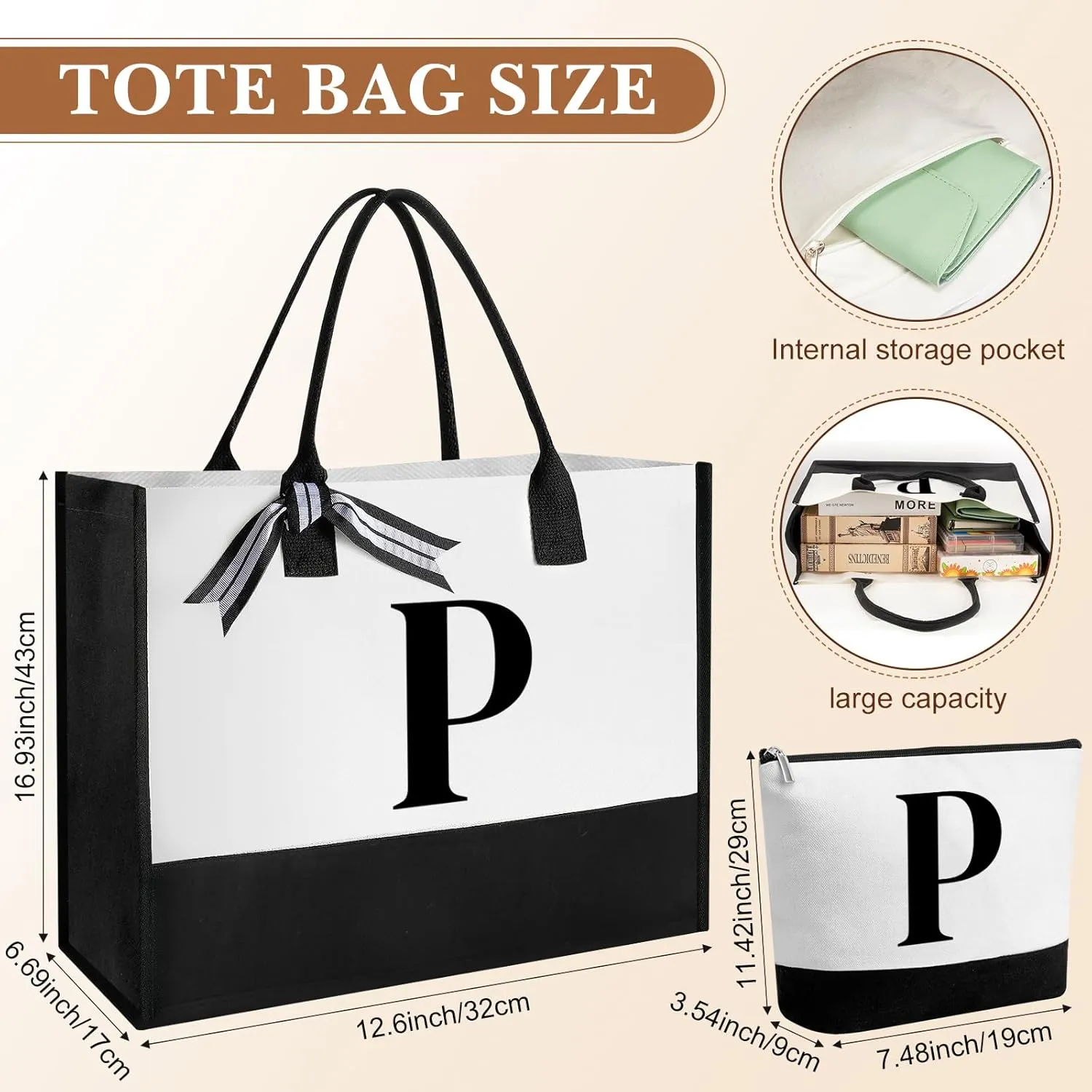 Aliceset Initial Gifts for Women Monogram Canvas Tote Bag and Makeup with Zipper and Initial Glass Coffee Cup Gifts for Her