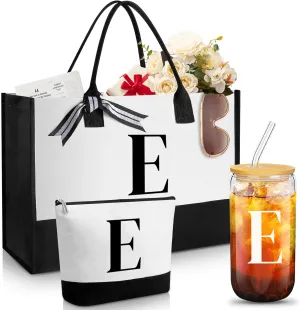 Aliceset Initial Gifts for Women Monogram Canvas Tote Bag and Makeup with Zipper and Initial Glass Coffee Cup Gifts for Her