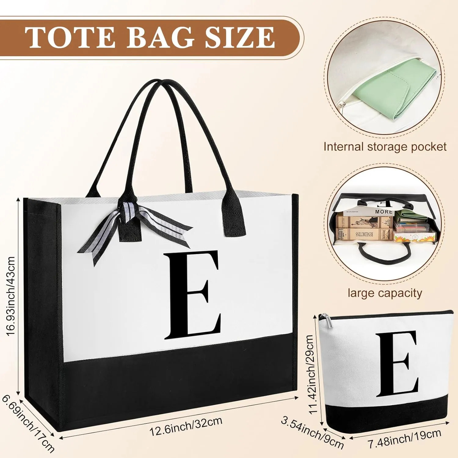 Aliceset Initial Gifts for Women Monogram Canvas Tote Bag and Makeup with Zipper and Initial Glass Coffee Cup Gifts for Her