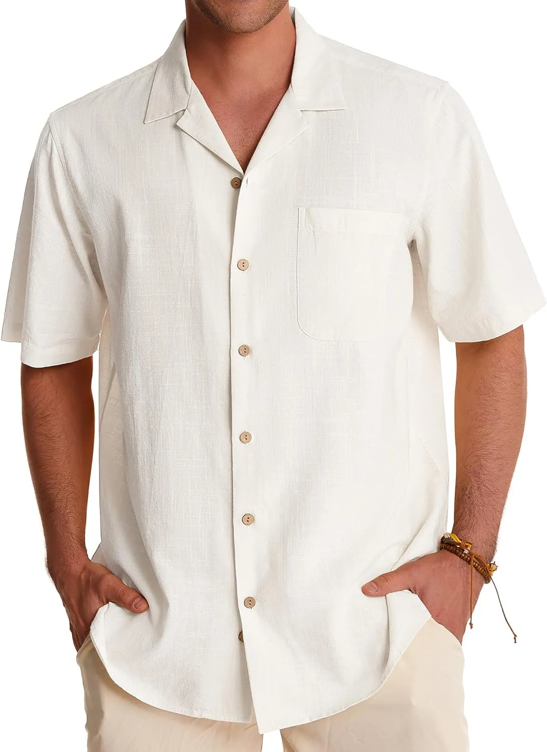 Alimens & Gentle Mens Linen Shirts Short Sleeve Button Down Shirts Cotton Summer Beach Cuban Shirts Vacation Hawaiian Shirts