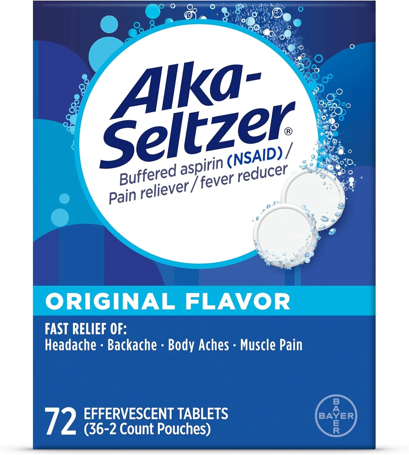Alka-Seltzer Effervescent Tablets Original Flavor, Fast Multi-Symptom Relief from Headache and Body Ache, Dissolvable Effervescent Fizzy Tablets, 72 Ct