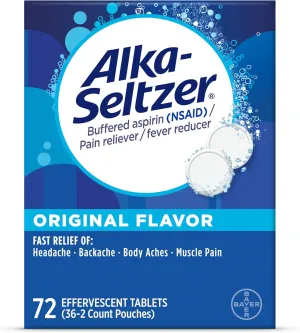 Alka-Seltzer Effervescent Tablets Original Flavor, Fast Multi-Symptom Relief from Headache and Body Ache, Dissolvable Effervescent Fizzy Tablets, 72 Ct