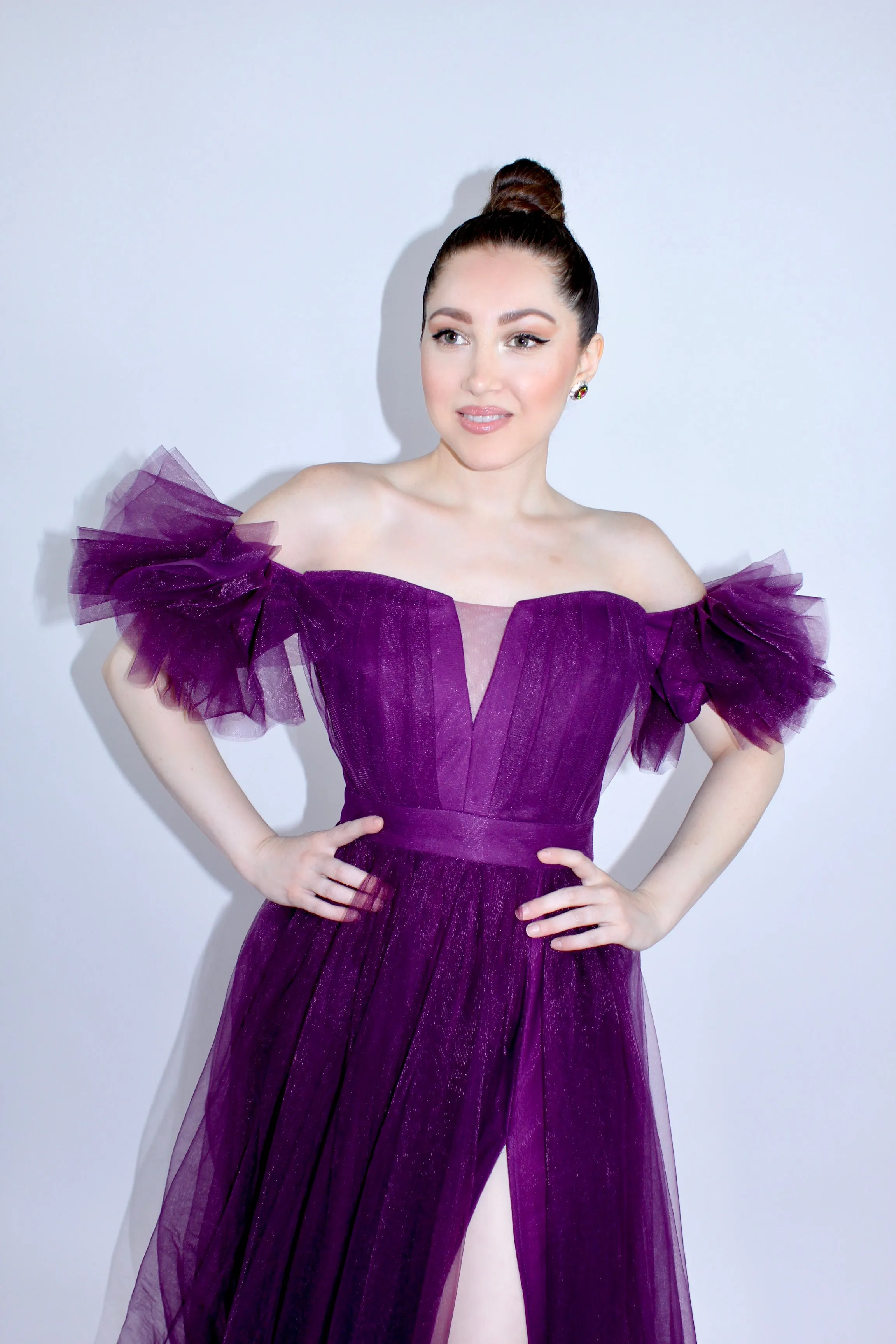 All the allure off shoulder tulle gown with front side slit