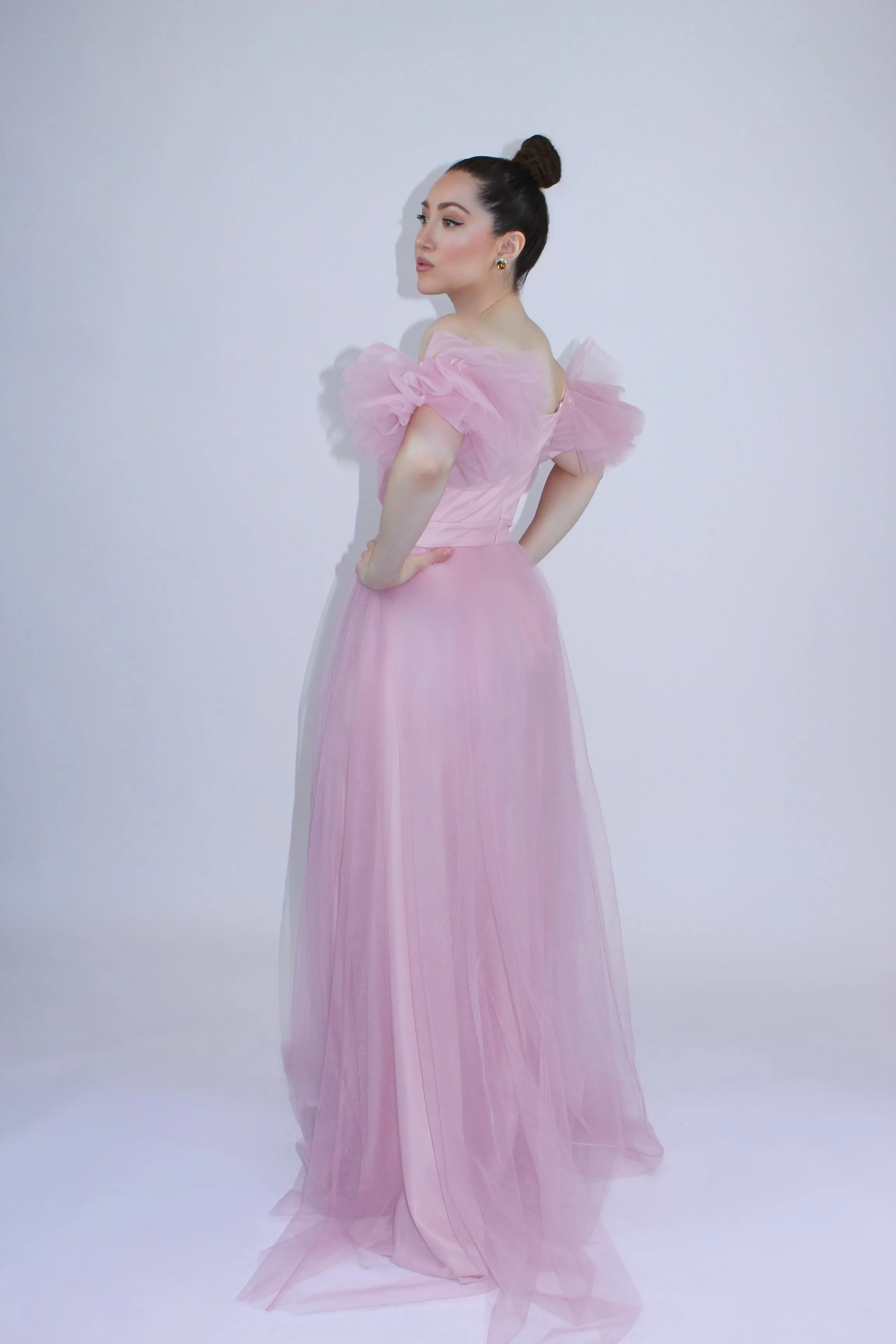All the allure off shoulder tulle gown with front side slit