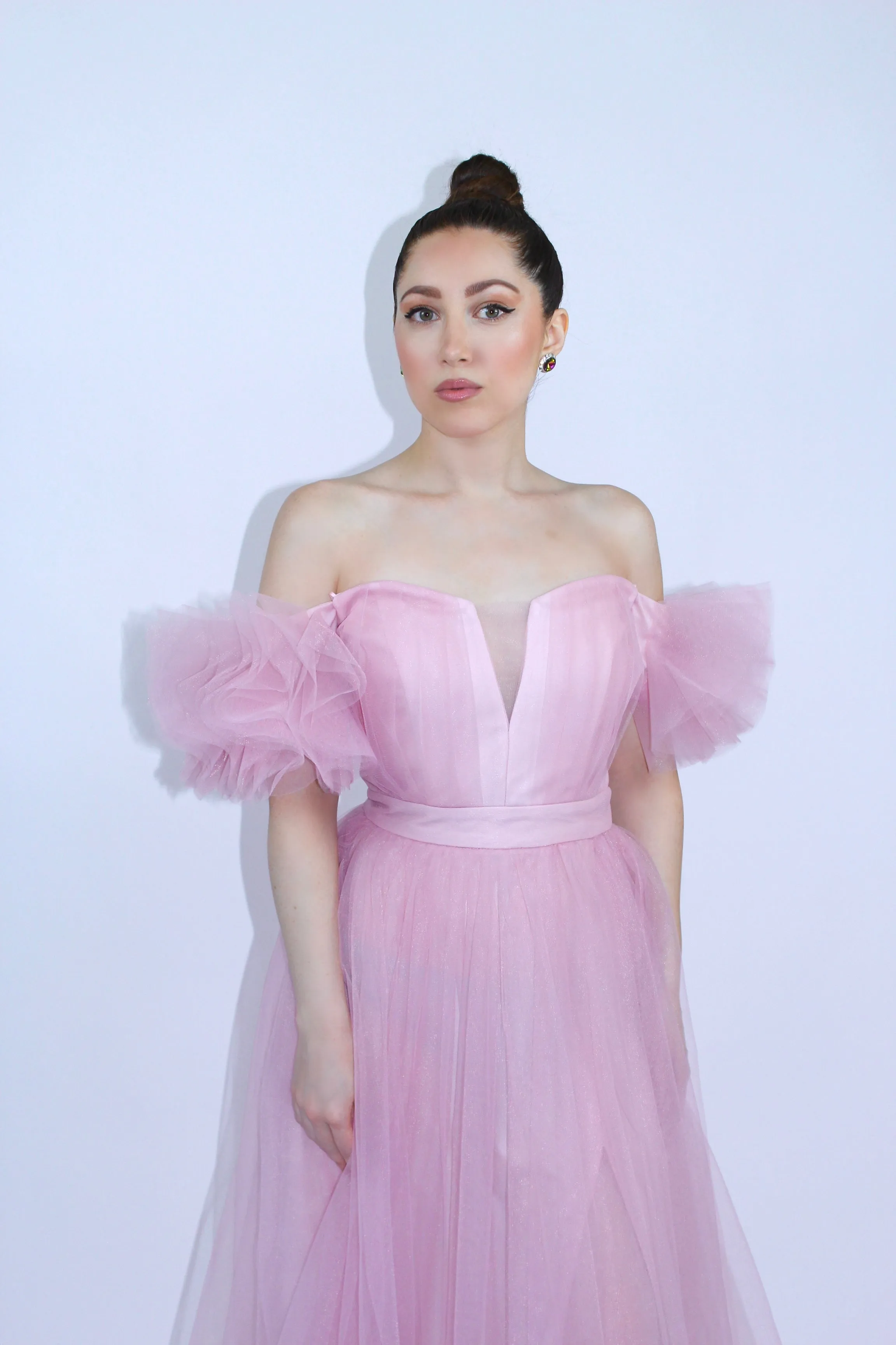 All the allure off shoulder tulle gown with front side slit