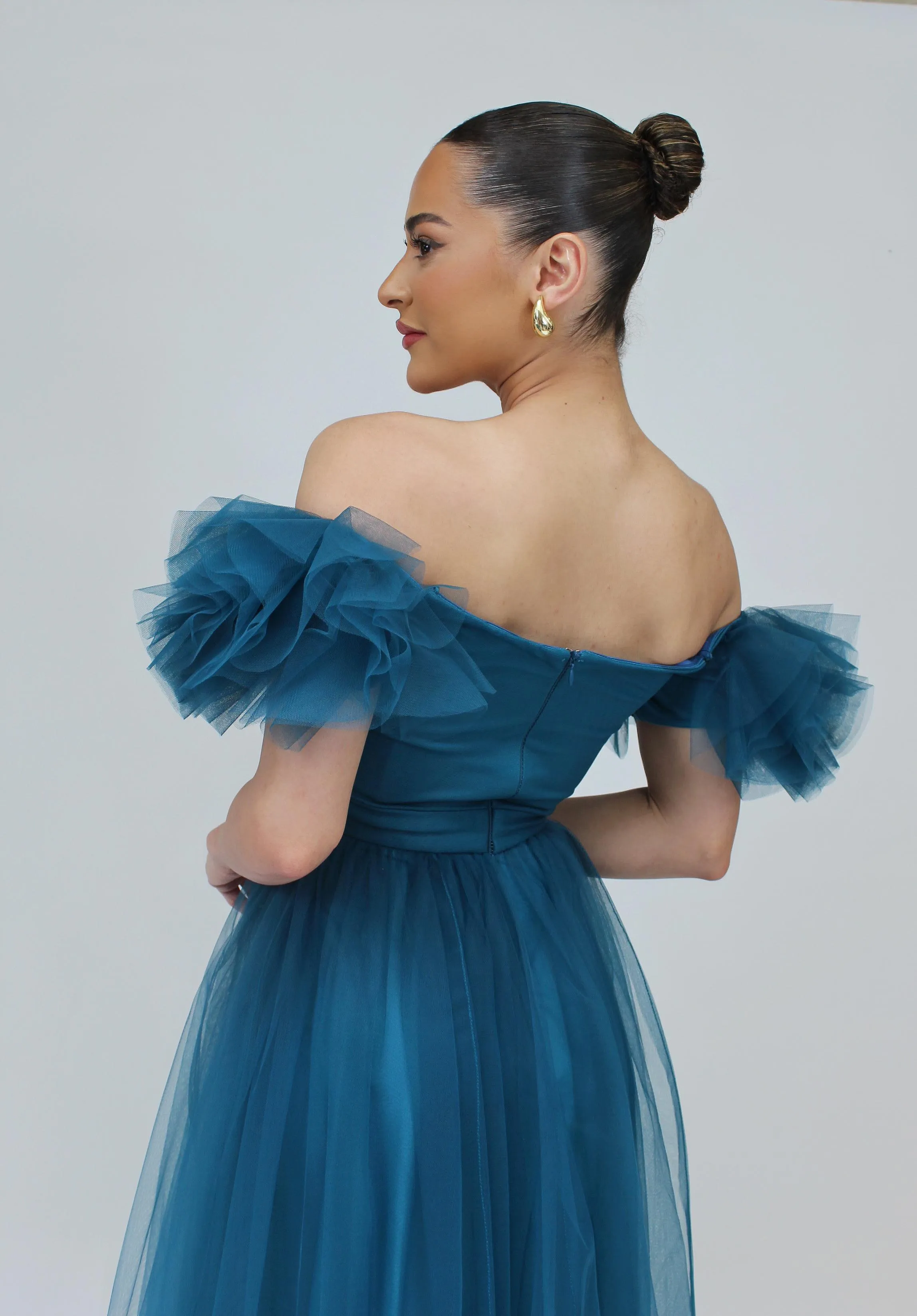 All the allure off shoulder tulle gown with front side slit