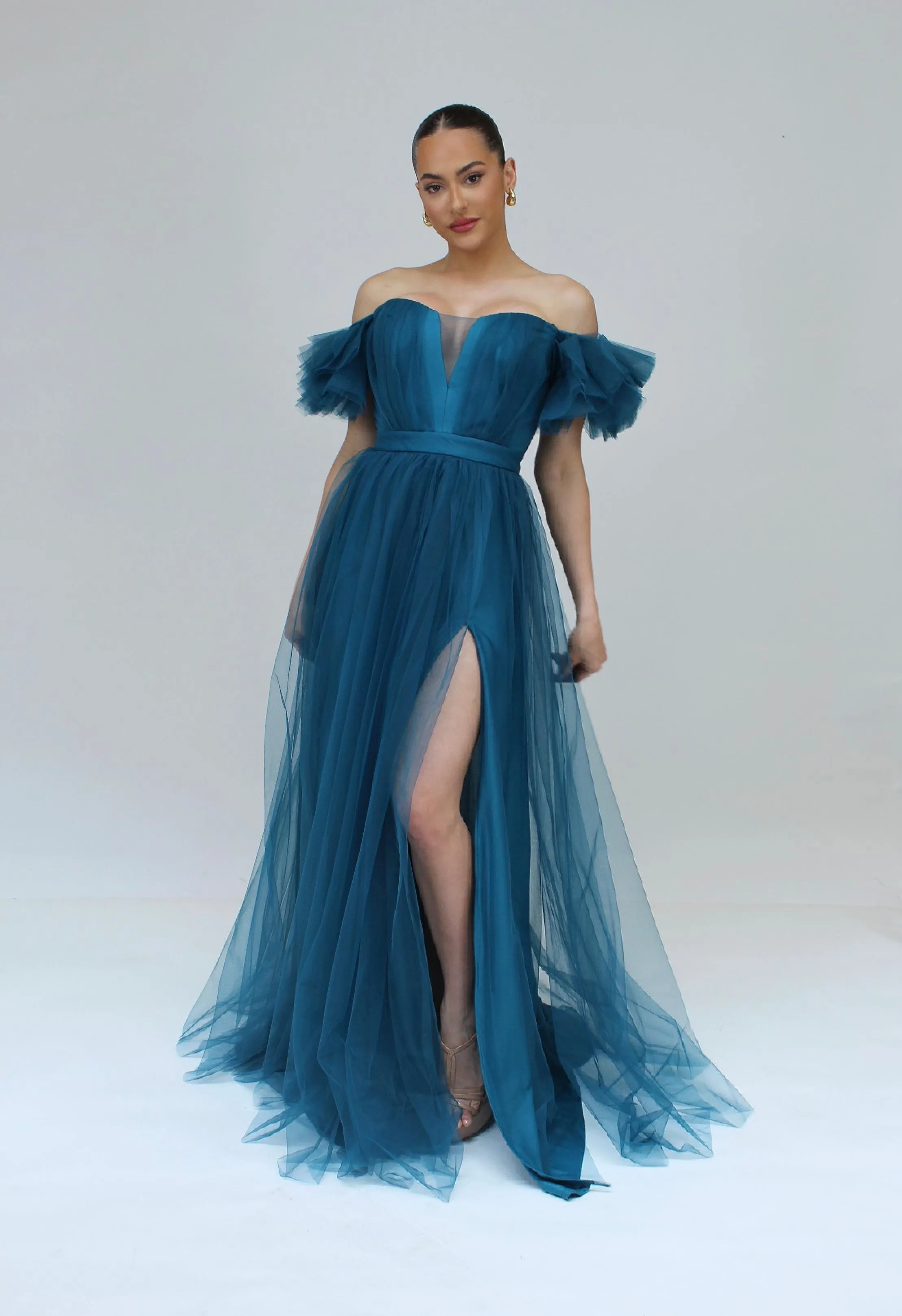 All the allure off shoulder tulle gown with front side slit