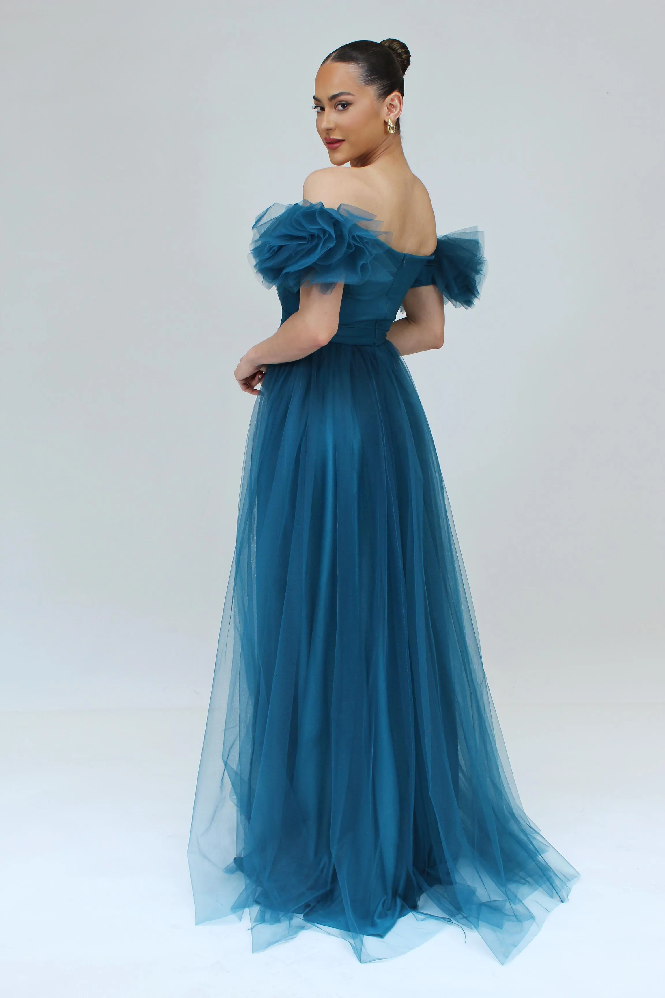 All the allure off shoulder tulle gown with front side slit