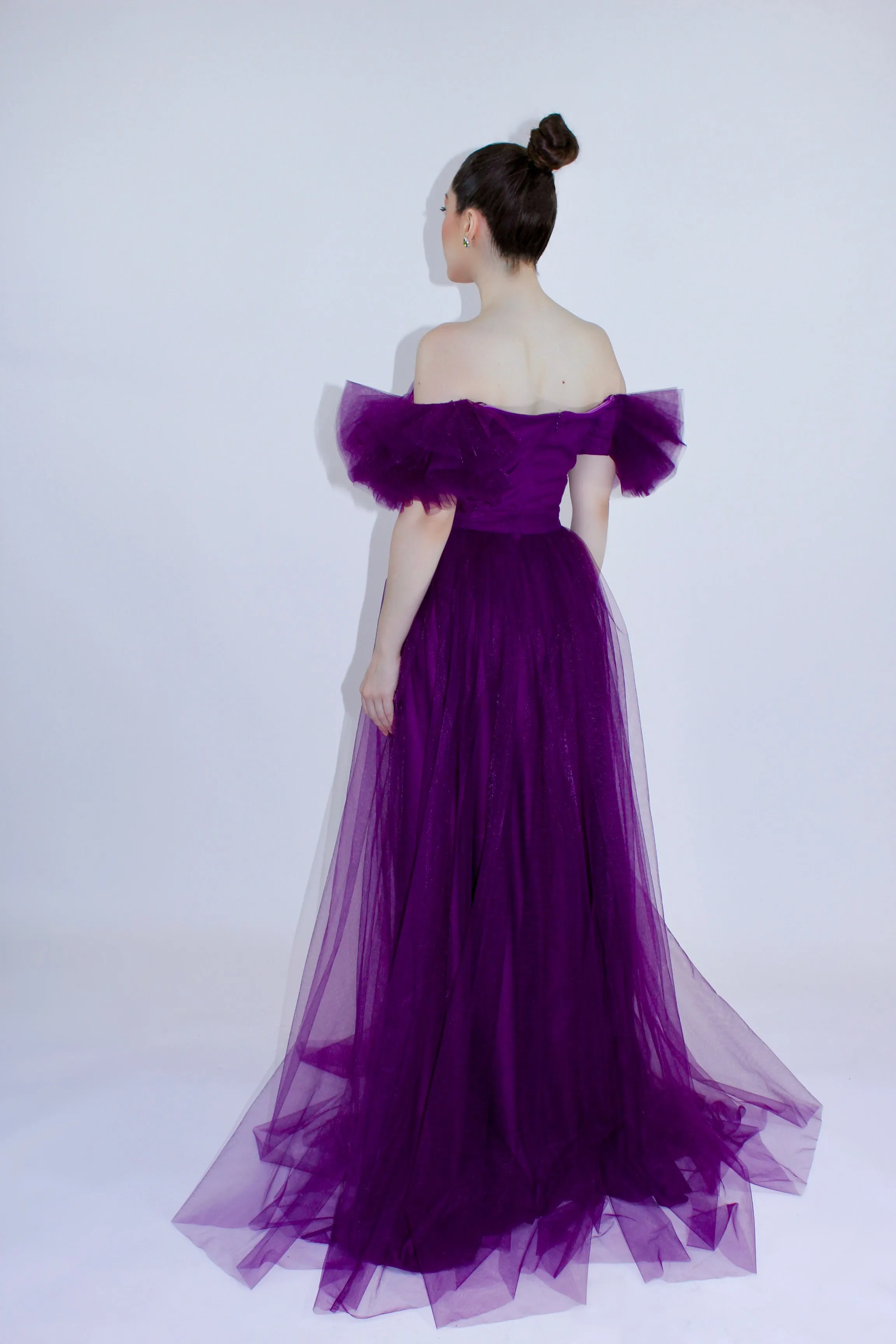 All the allure off shoulder tulle gown with front side slit