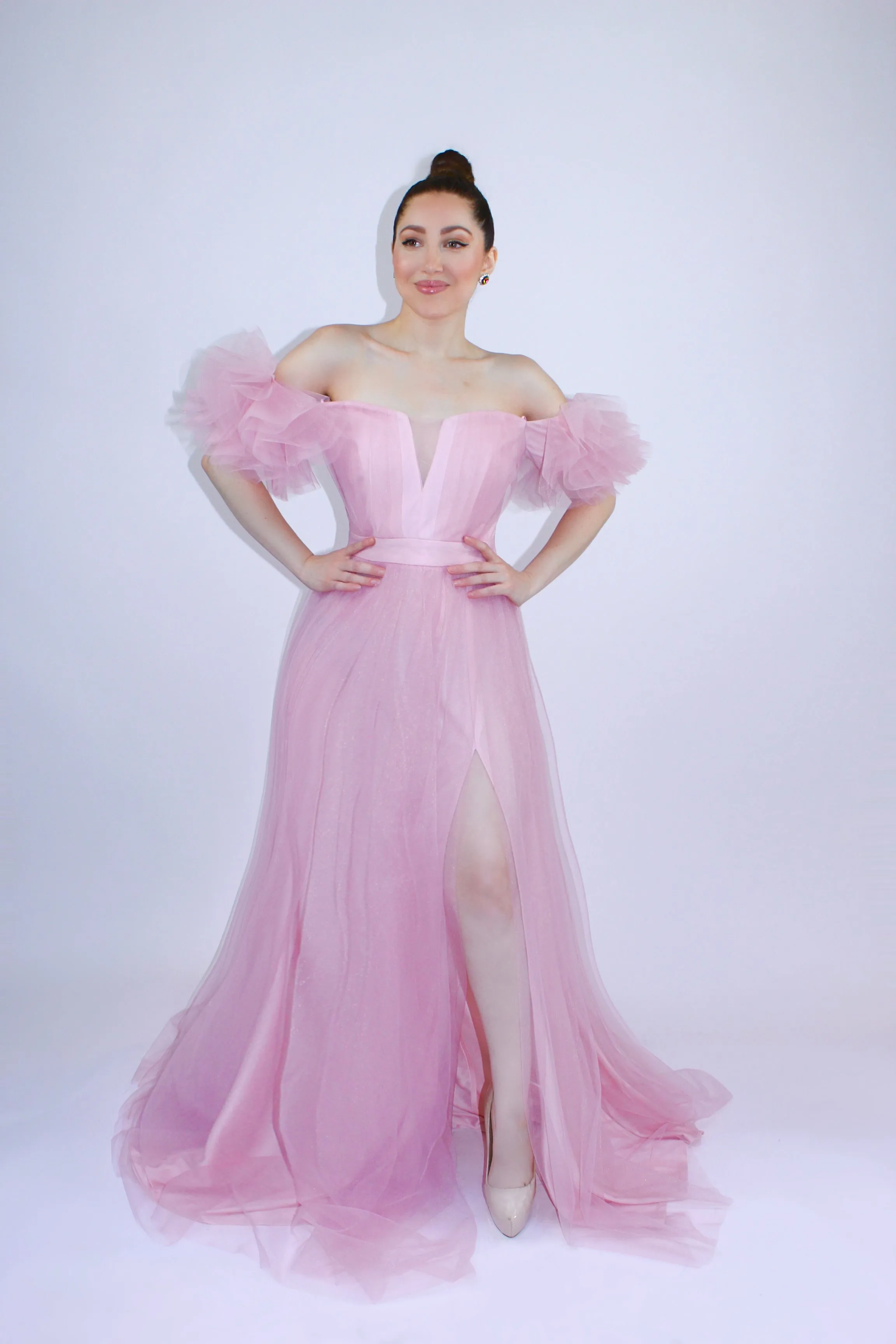 All the allure off shoulder tulle gown with front side slit