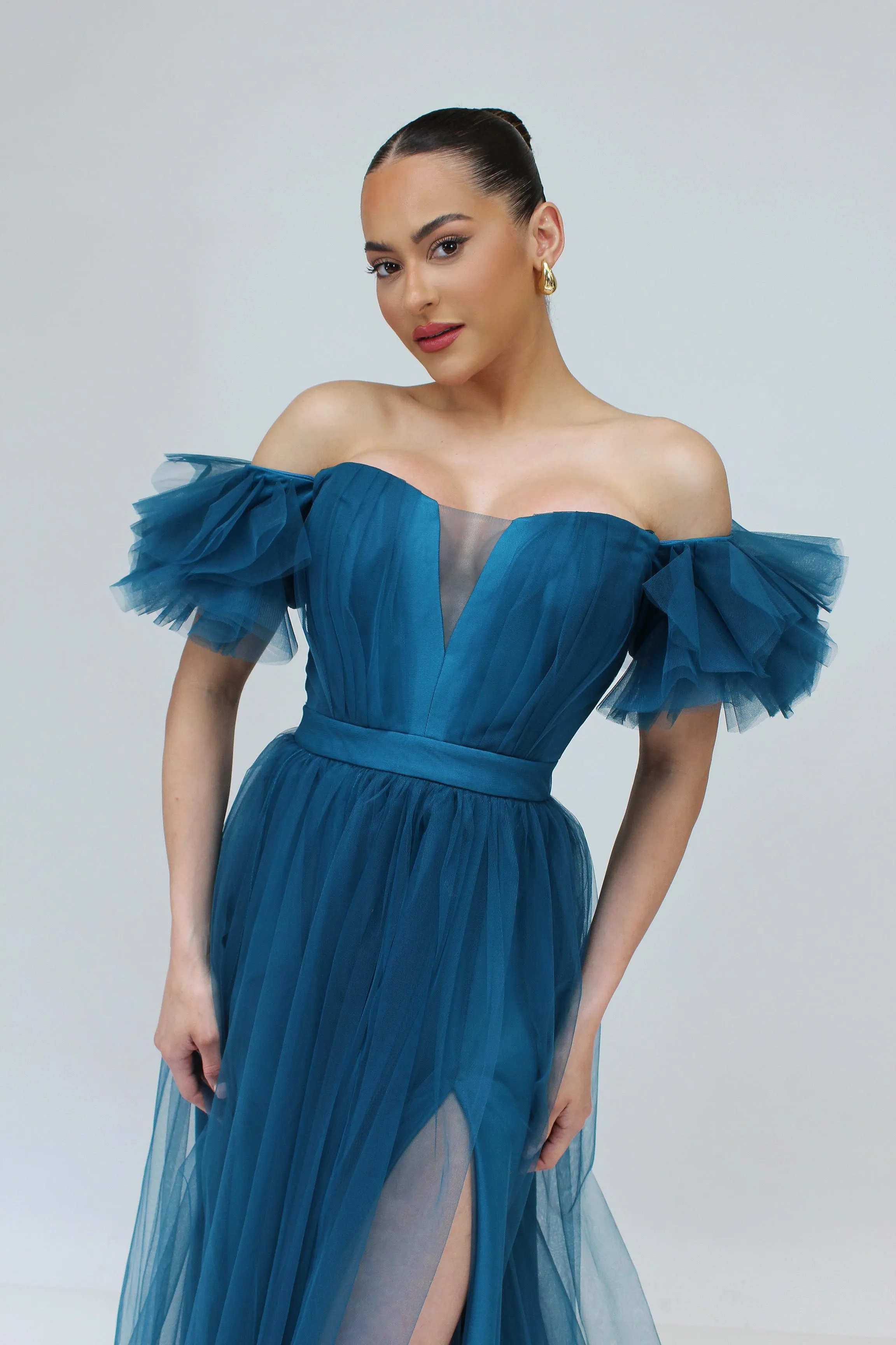 All the allure off shoulder tulle gown with front side slit