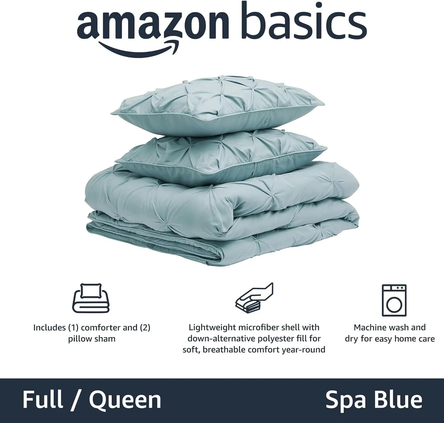 Amazon Basics Soft, Lightweight Queen Size Comforter Sets, All-Season Down-Alternative 3-Piece Bedding Set, Pinch Pleat Design, Full/Queen Size, Spa Blue