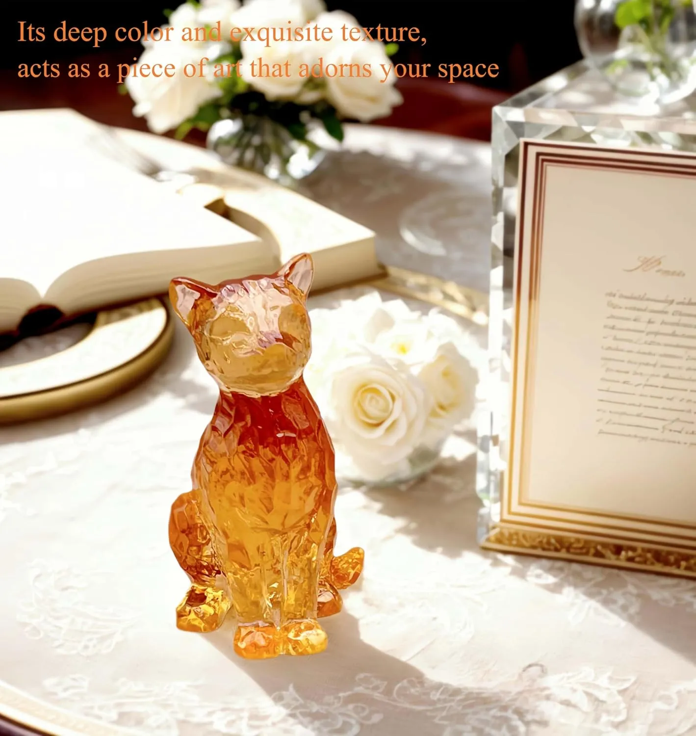 Amber Cat Figurines Statue Decor Cat Memoial Gifts for Cat Lovers Mom Women,Knick Knacks for Shelf, Bookshelf Decor,Resin Cat Sculpture