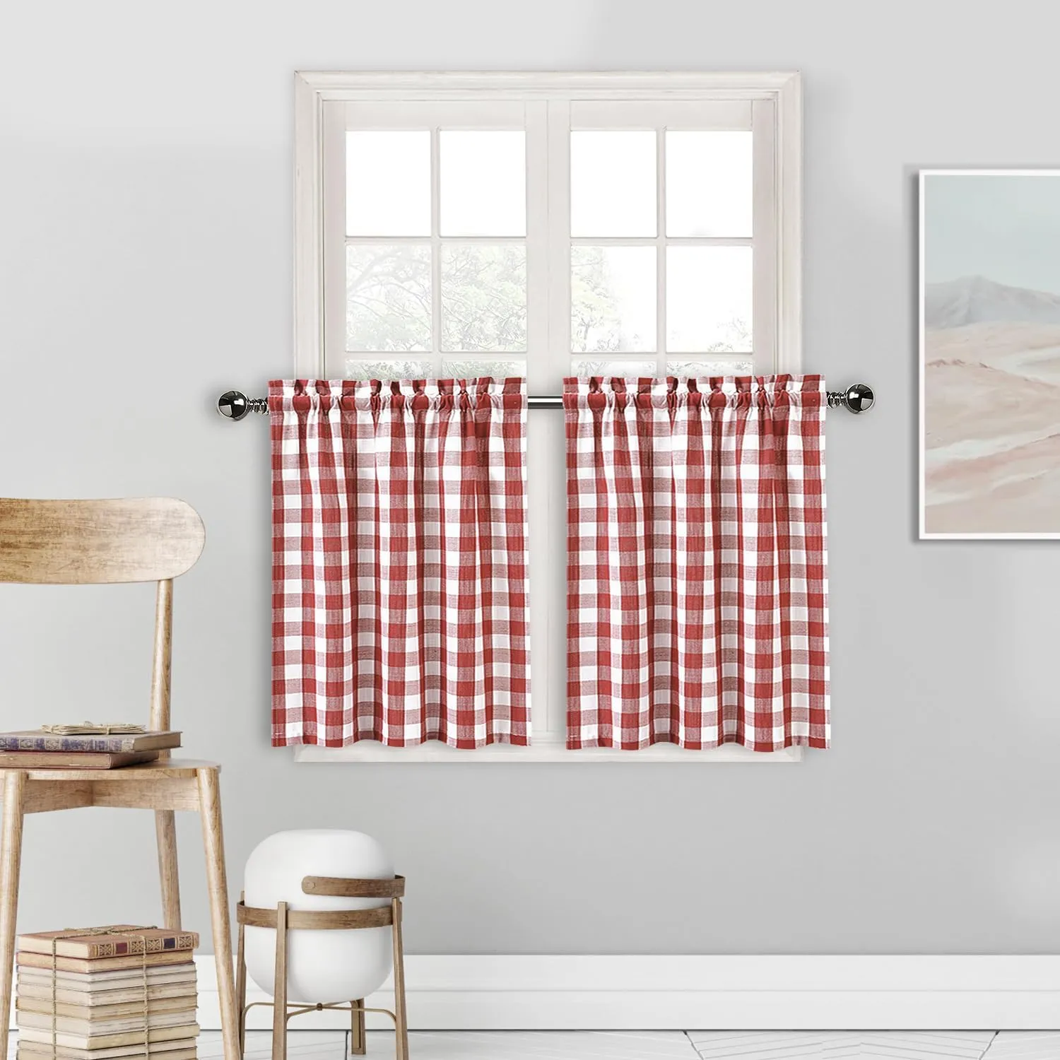 Amzdecor Buffalo Check Tier Curtains for Kitchen, Thick Yarn Dyed Buffalo Plaid Gingham Rod Pocket Cafe Bathroom Curtains, Short Kitchen Window Drapes, 28" W x 24" L, Burgundy Red/White, Set of 2