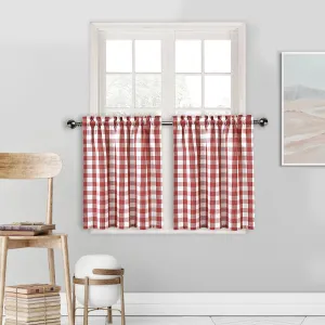 Amzdecor Buffalo Check Tier Curtains for Kitchen, Thick Yarn Dyed Buffalo Plaid Gingham Rod Pocket Cafe Bathroom Curtains, Short Kitchen Window Drapes, 28" W x 24" L, Burgundy Red/White, Set of 2