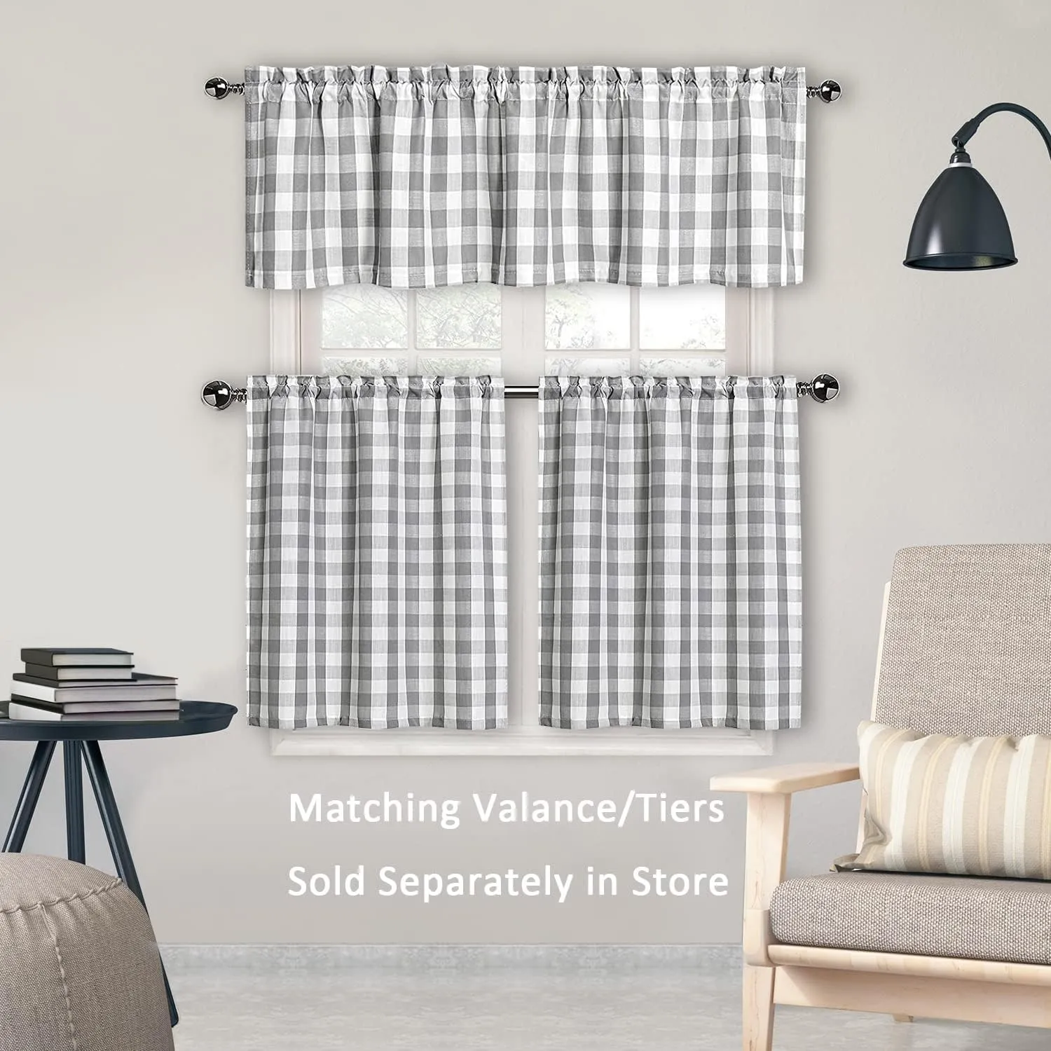 Amzdecor Buffalo Check Tier Curtains for Kitchen, Thick Yarn Dyed Buffalo Plaid Gingham Rod Pocket Farmhouse Cafe Bathroom Drapes, Short Kitchen Window Curtains, 28" W x 24" L, Sliver/Gray, Set of 2