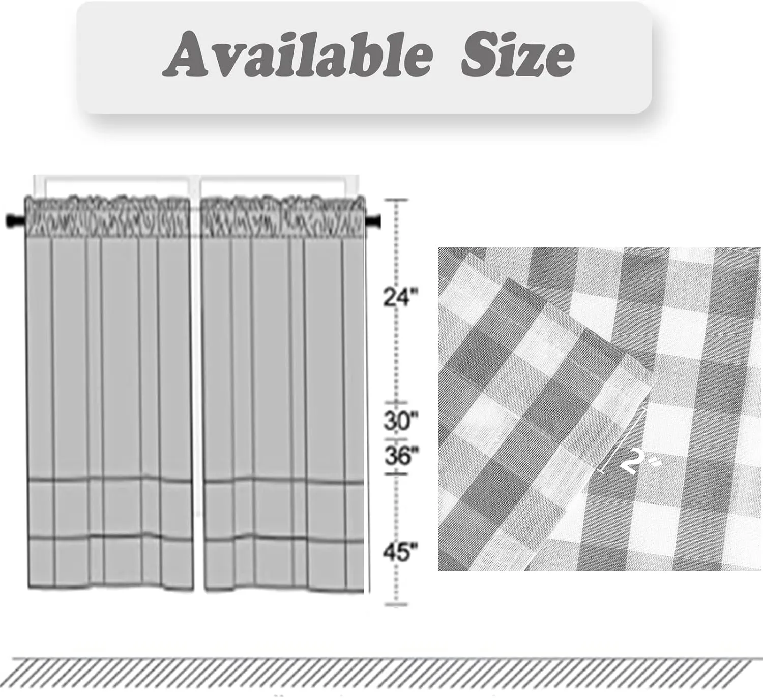 Amzdecor Buffalo Check Tier Curtains for Kitchen, Thick Yarn Dyed Buffalo Plaid Gingham Rod Pocket Farmhouse Cafe Bathroom Drapes, Short Kitchen Window Curtains, 28" W x 24" L, Sliver/Gray, Set of 2