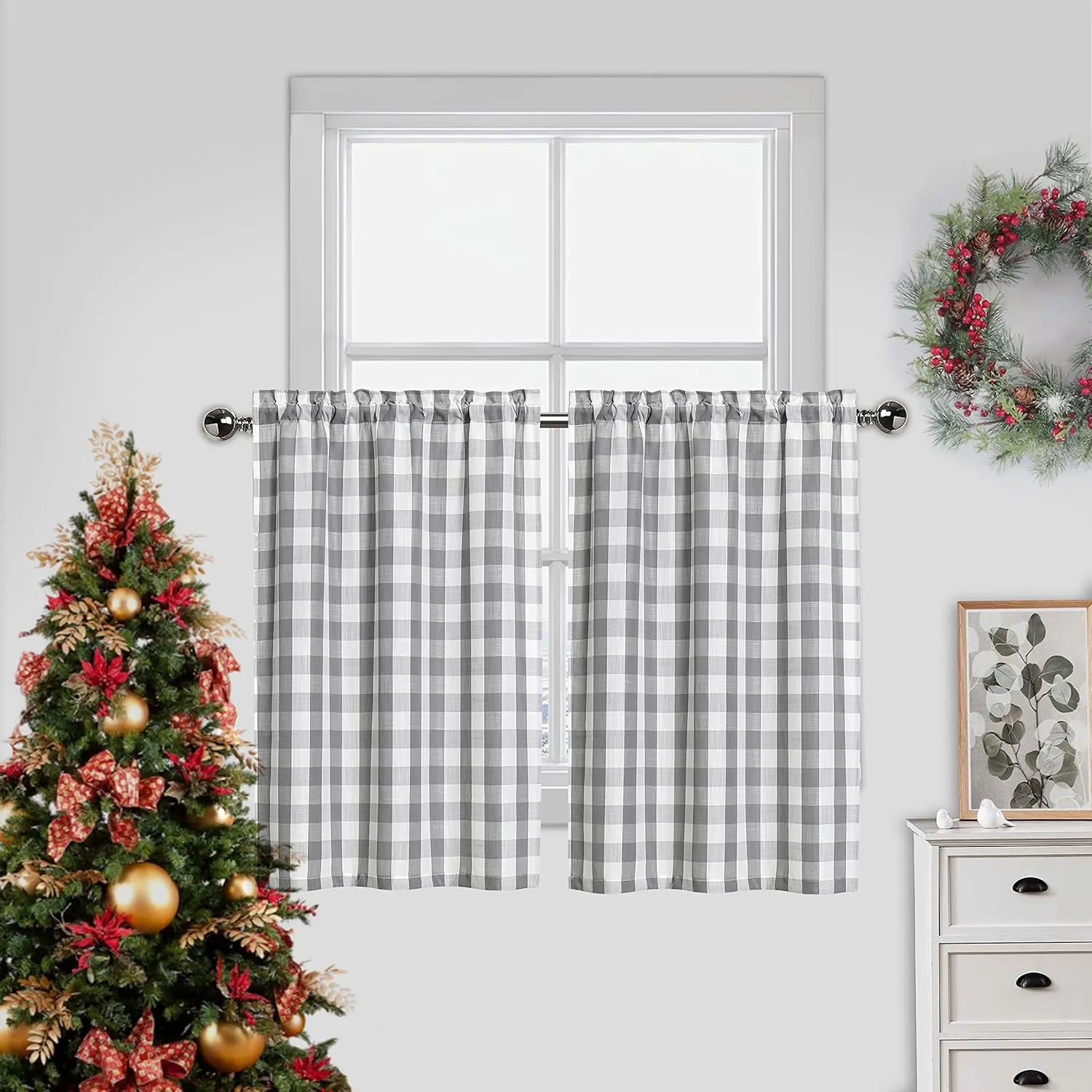 Amzdecor Buffalo Check Tier Curtains for Kitchen, Thick Yarn Dyed Buffalo Plaid Gingham Rod Pocket Farmhouse Cafe Bathroom Drapes, Short Kitchen Window Curtains, 28" W x 24" L, Sliver/Gray, Set of 2