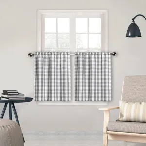 Amzdecor Buffalo Check Tier Curtains for Kitchen, Thick Yarn Dyed Buffalo Plaid Gingham Rod Pocket Farmhouse Cafe Bathroom Drapes, Short Kitchen Window Curtains, 28" W x 24" L, Sliver/Gray, Set of 2