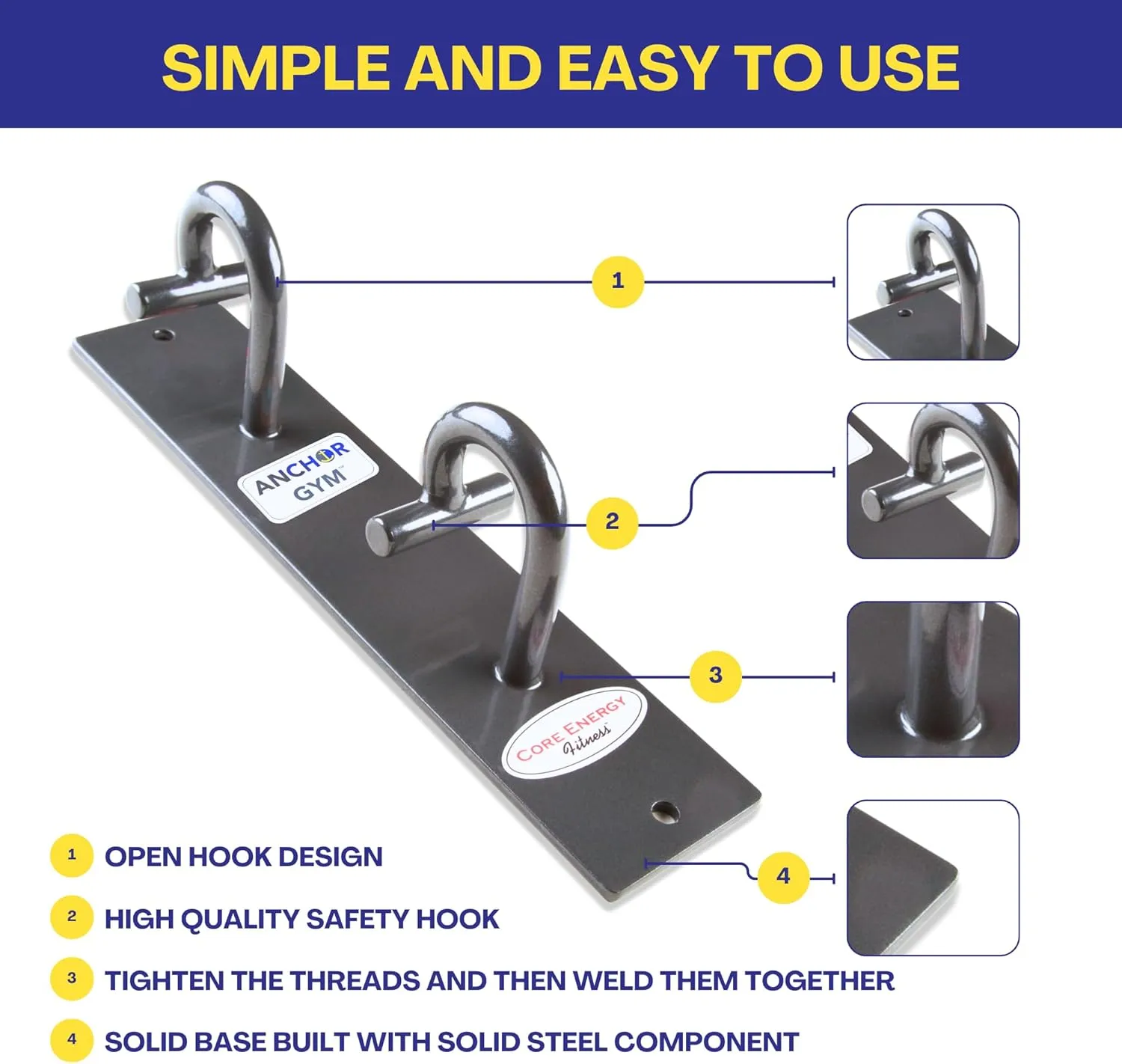 Anchor Gym H2 Resistance Band Anchor - Single Unit with Two Hooks Exercise Band Wall Mount for Bodyweight Straps, Strength Training, Home Gym (Wood Screws Included)