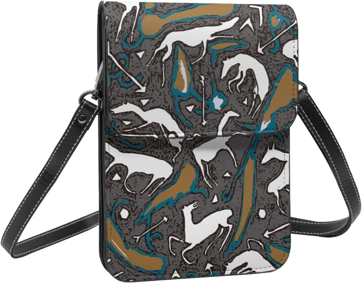 Ancient Tribe Mural History Abstract Crossbody Cell Phone Purse for Womens Lightweight Small Soft Leather Fashion Travel Wallet with Adjustable Strap