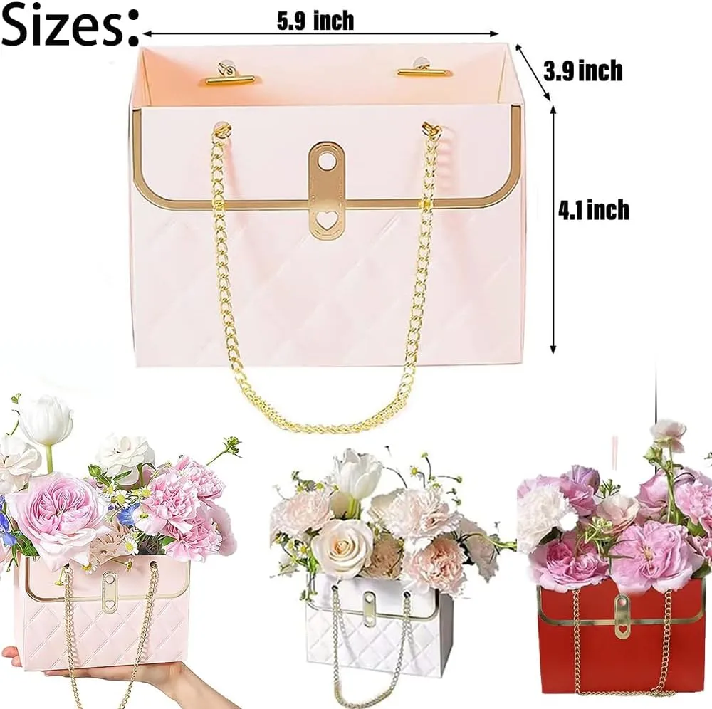 Ankysasky 8 Pcs Paper Flower gift Bags with Metal Chain ,Bouquet Storage Bucket Florist Bag Handbag Flower Bouquet Wrapping Basket Handbag Small Carrier Bag for Wedding Party Birthday Mother's Day