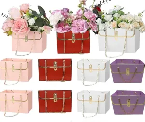 Ankysasky 8 Pcs Paper Flower gift Bags with Metal Chain ,Bouquet Storage Bucket Florist Bag Handbag Flower Bouquet Wrapping Basket Handbag Small Carrier Bag for Wedding Party Birthday Mother's Day