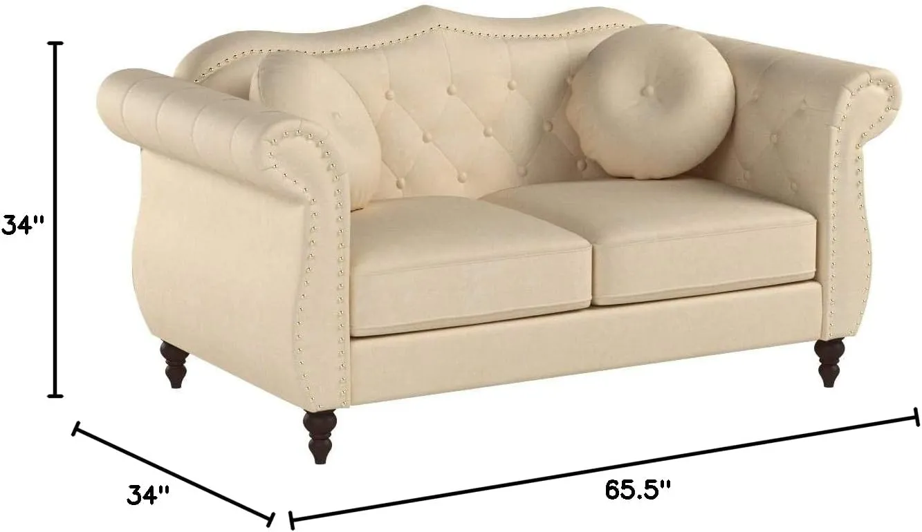 Anna1 Chesterfield Velvet Couches for Living Room, Button Tufted Luxury Upholstery with Rolled Arms, High-Density Foam, Durable Wood Frame, 65.5" Loveseat, Alabaster