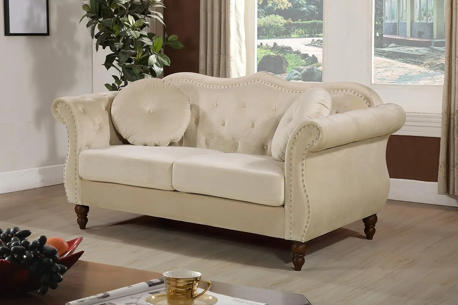 Anna1 Chesterfield Velvet Couches for Living Room, Button Tufted Luxury Upholstery with Rolled Arms, High-Density Foam, Durable Wood Frame, 65.5" Loveseat, Alabaster