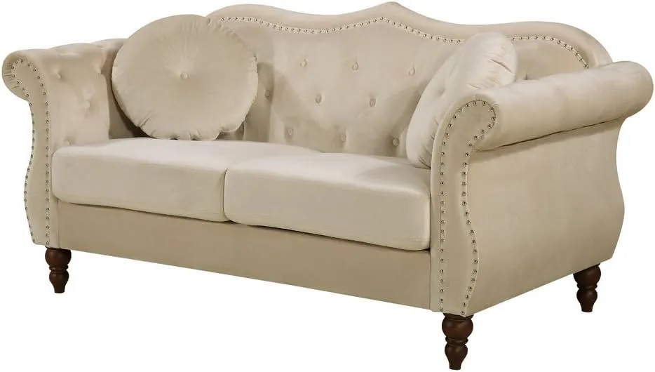 Anna1 Chesterfield Velvet Couches for Living Room, Button Tufted Luxury Upholstery with Rolled Arms, High-Density Foam, Durable Wood Frame, 65.5" Loveseat, Alabaster