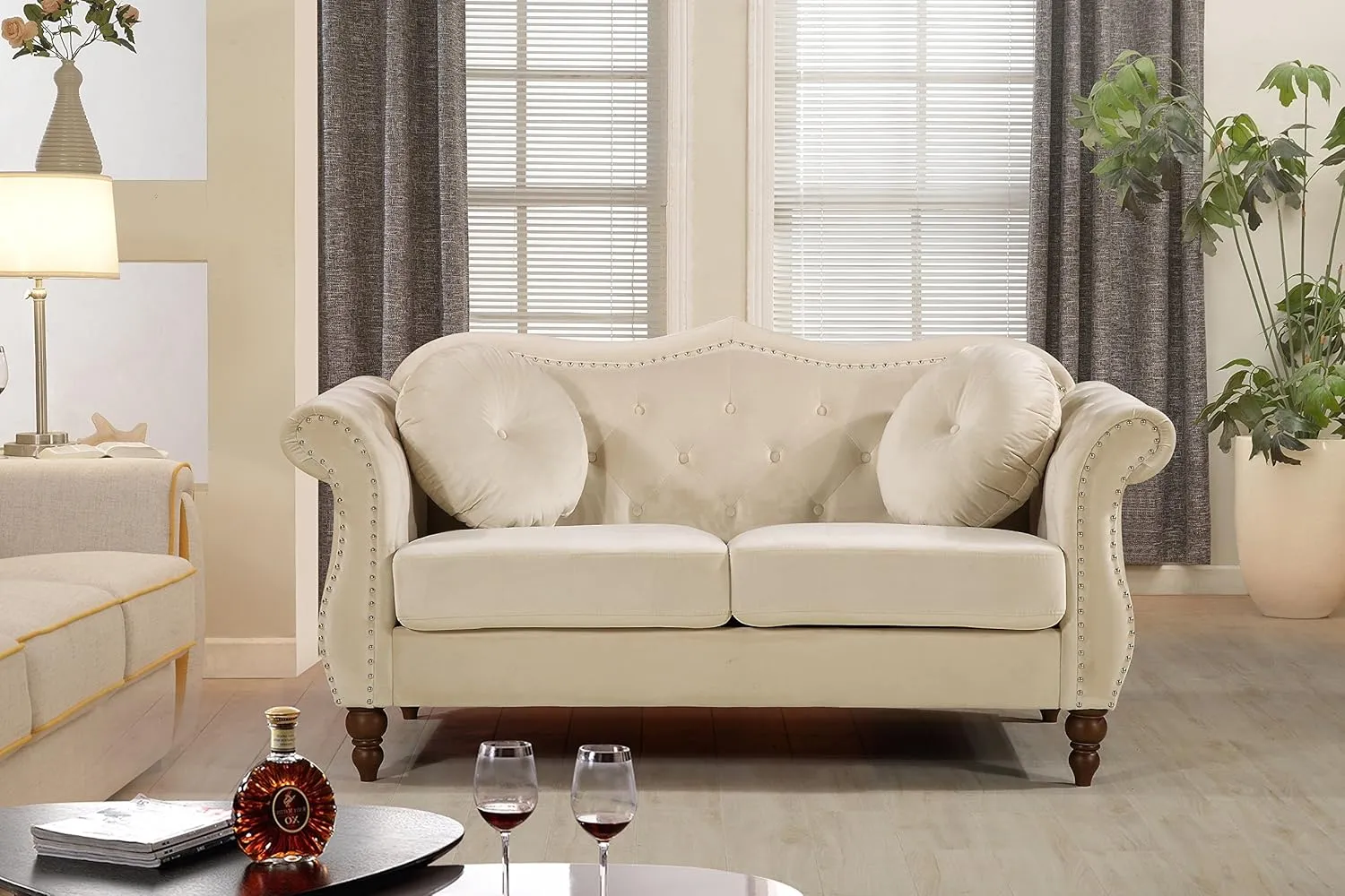 Anna1 Chesterfield Velvet Couches for Living Room, Button Tufted Luxury Upholstery with Rolled Arms, High-Density Foam, Durable Wood Frame, 65.5" Loveseat, Alabaster