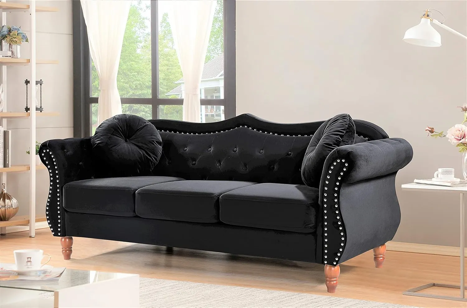 Anna1 Chesterfield Velvet Couches for Living Room, Button Tufted Luxury Upholstery with Rolled Arms, High-Density Foam, Durable Wood Frame, Sofa & Loveseat, Black