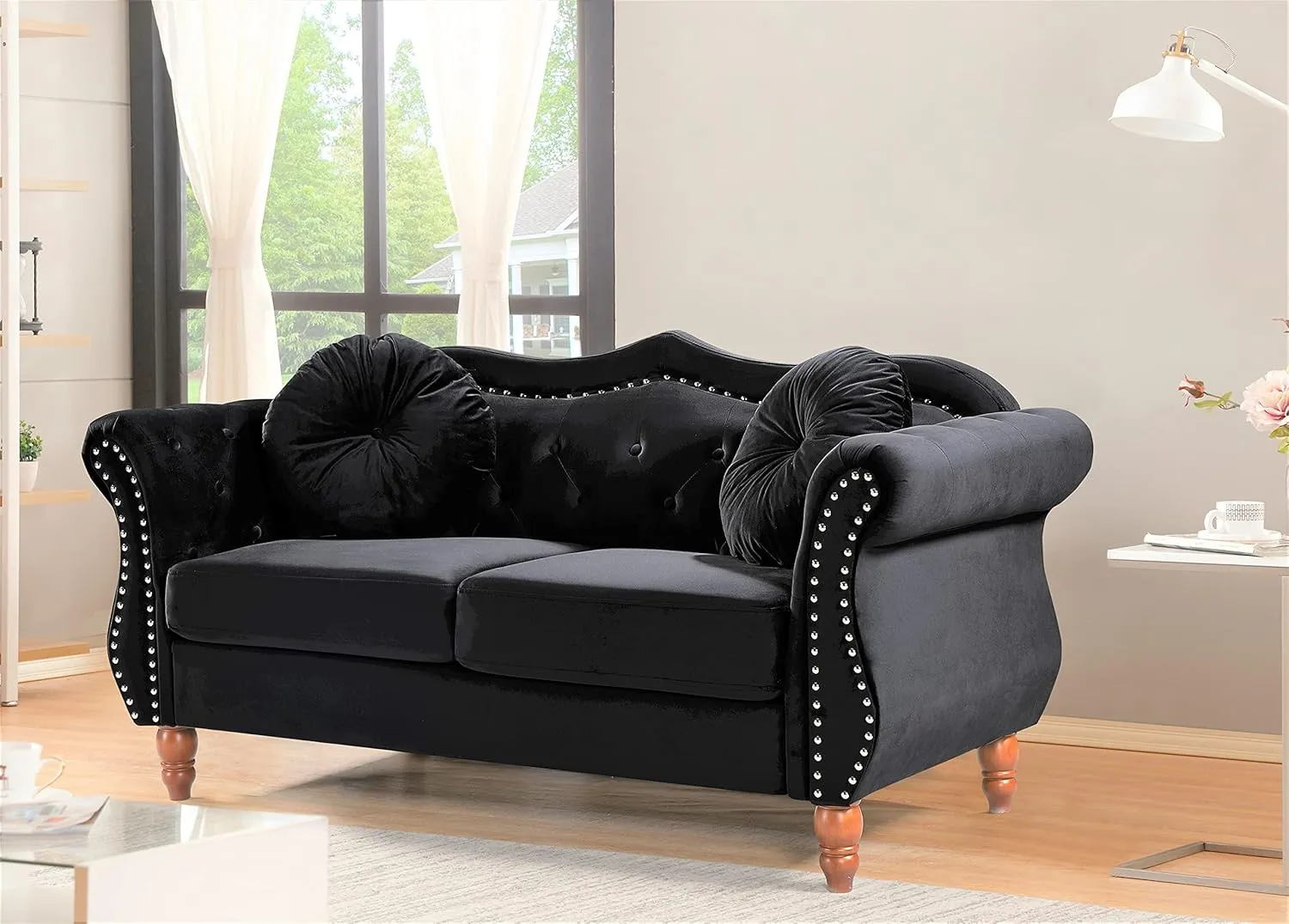 Anna1 Chesterfield Velvet Couches for Living Room, Button Tufted Luxury Upholstery with Rolled Arms, High-Density Foam, Durable Wood Frame, Sofa & Loveseat, Black