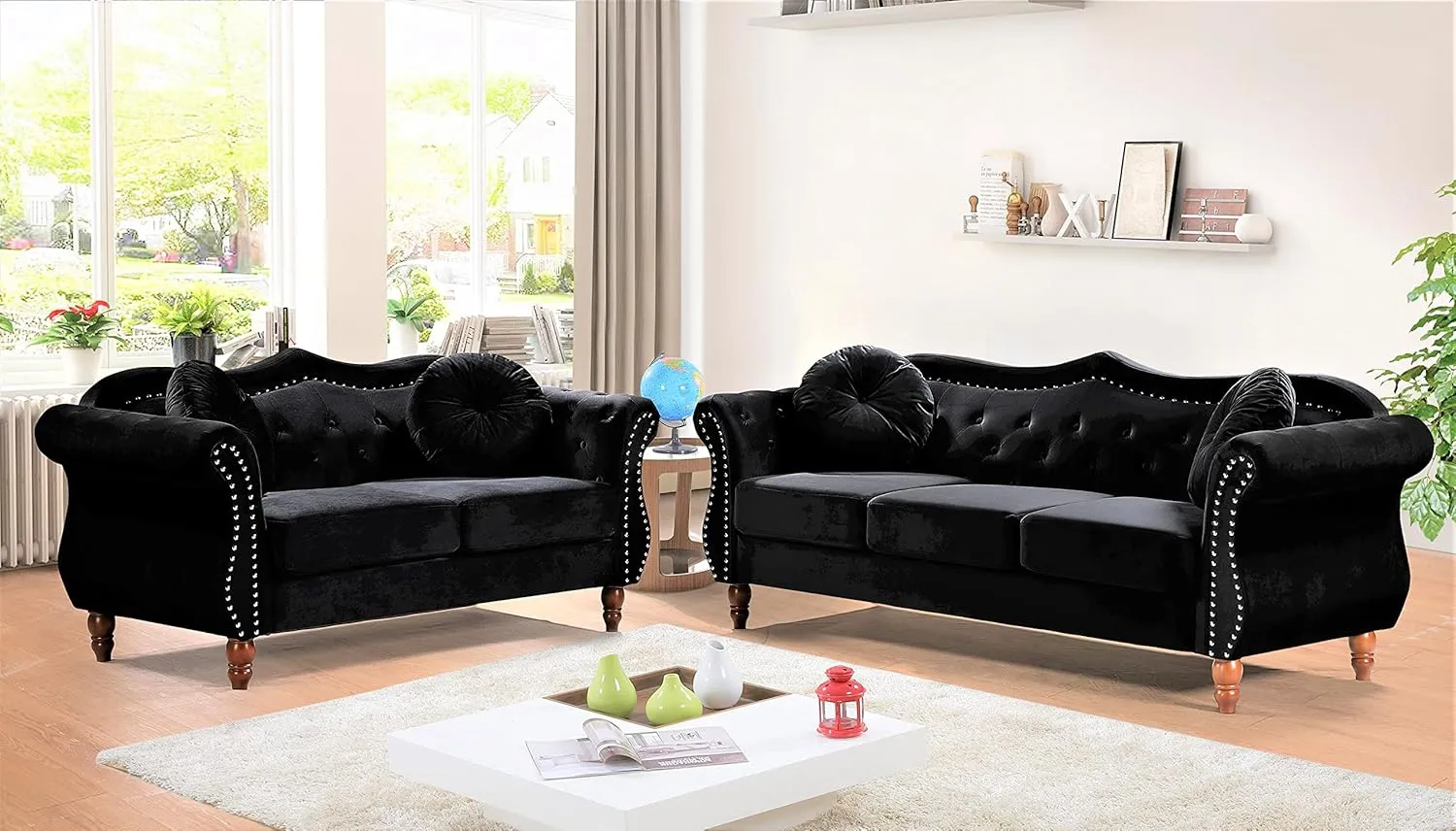 Anna1 Chesterfield Velvet Couches for Living Room, Button Tufted Luxury Upholstery with Rolled Arms, High-Density Foam, Durable Wood Frame, Sofa & Loveseat, Black