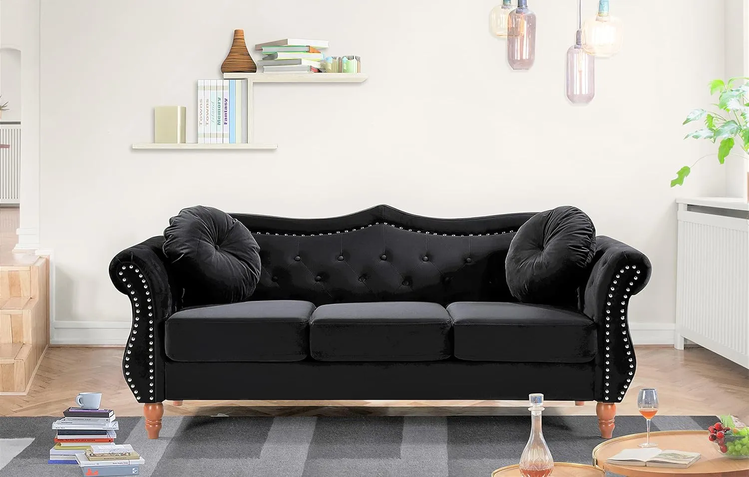 Anna1 Chesterfield Velvet Couches for Living Room, Button Tufted Luxury Upholstery with Rolled Arms, High-Density Foam, Durable Wood Frame, Sofa & Loveseat, Black