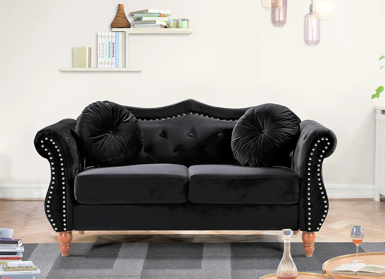Anna1 Chesterfield Velvet Couches for Living Room, Button Tufted Luxury Upholstery with Rolled Arms, High-Density Foam, Durable Wood Frame, Sofa & Loveseat, Black