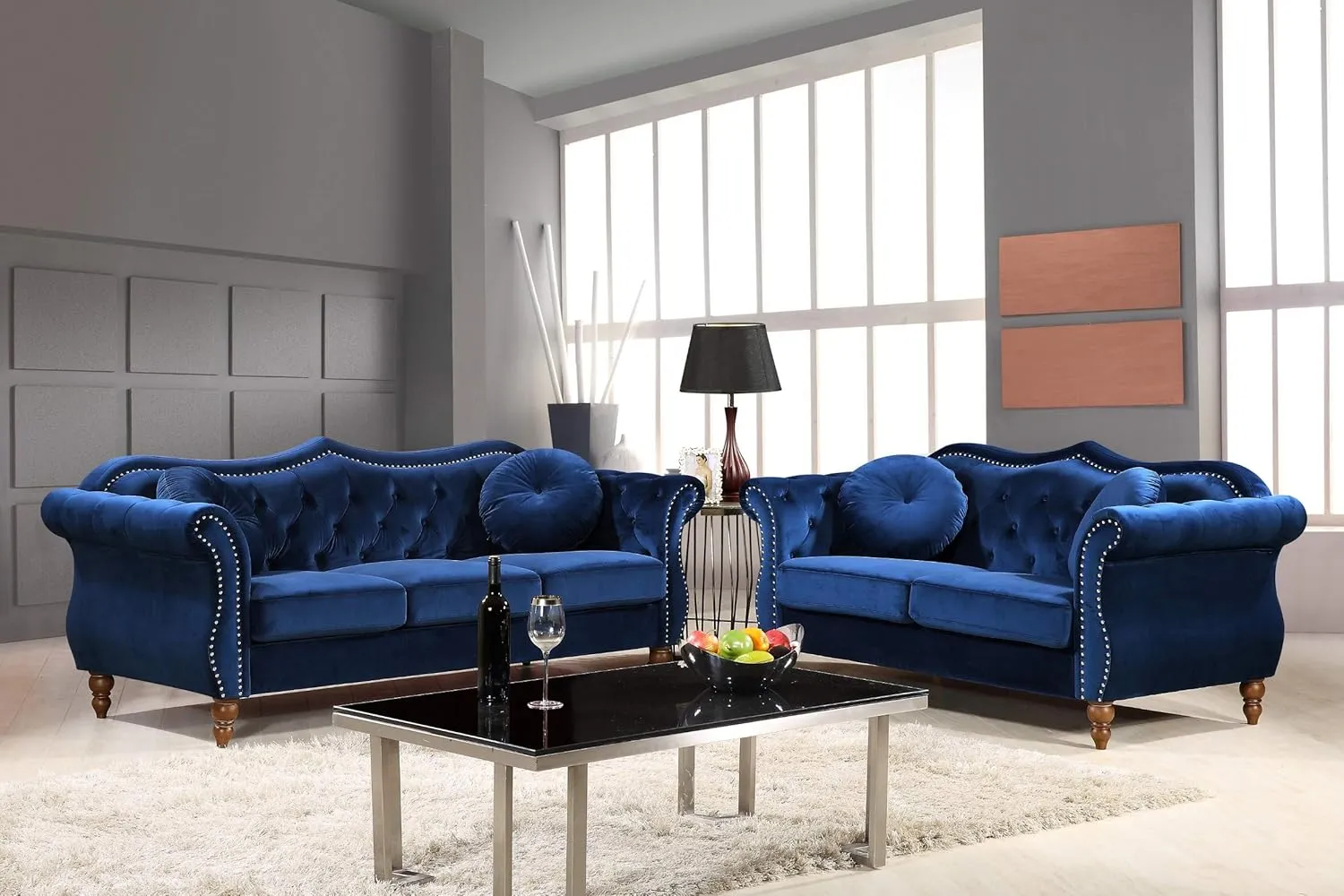 Anna1 Chesterfield Velvet Couches for Living Room, Button Tufted Luxury Upholstery with Rolled Arms, High-Density Foam, Durable Wood Frame, Sofa & Loveseat, Blue Mist