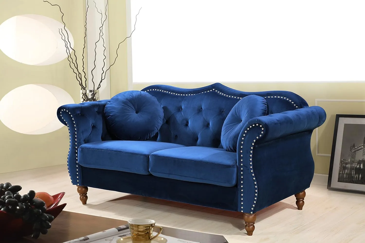Anna1 Chesterfield Velvet Couches for Living Room, Button Tufted Luxury Upholstery with Rolled Arms, High-Density Foam, Durable Wood Frame, Sofa & Loveseat, Blue Mist