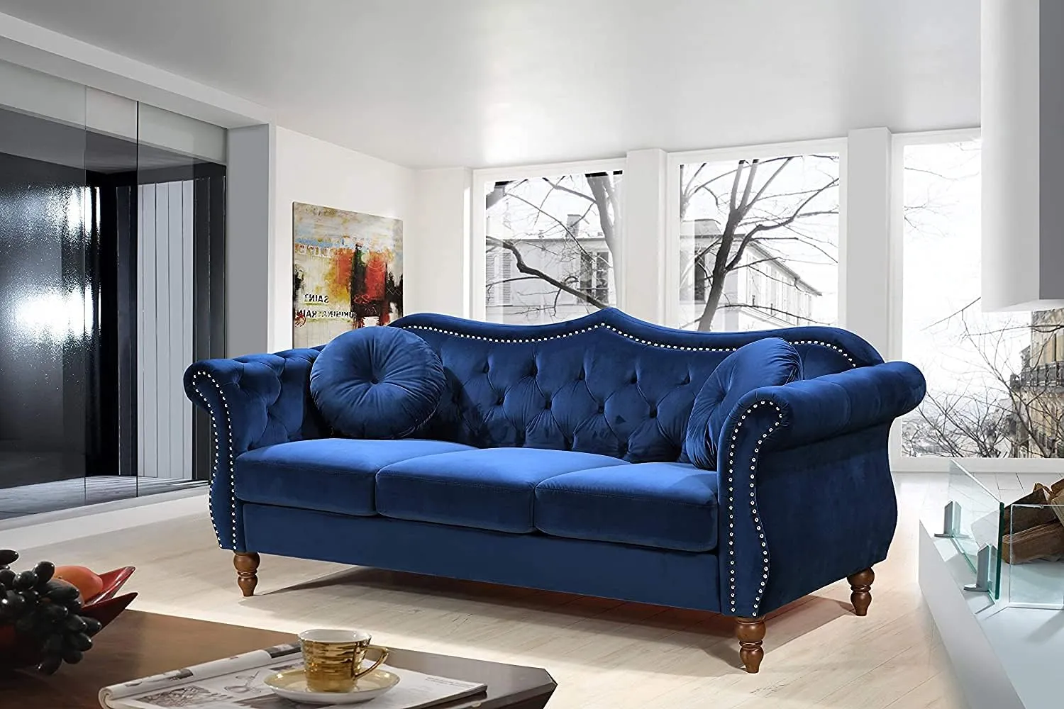 Anna1 Chesterfield Velvet Couches for Living Room, Button Tufted Luxury Upholstery with Rolled Arms, High-Density Foam, Durable Wood Frame, Sofa & Loveseat, Blue