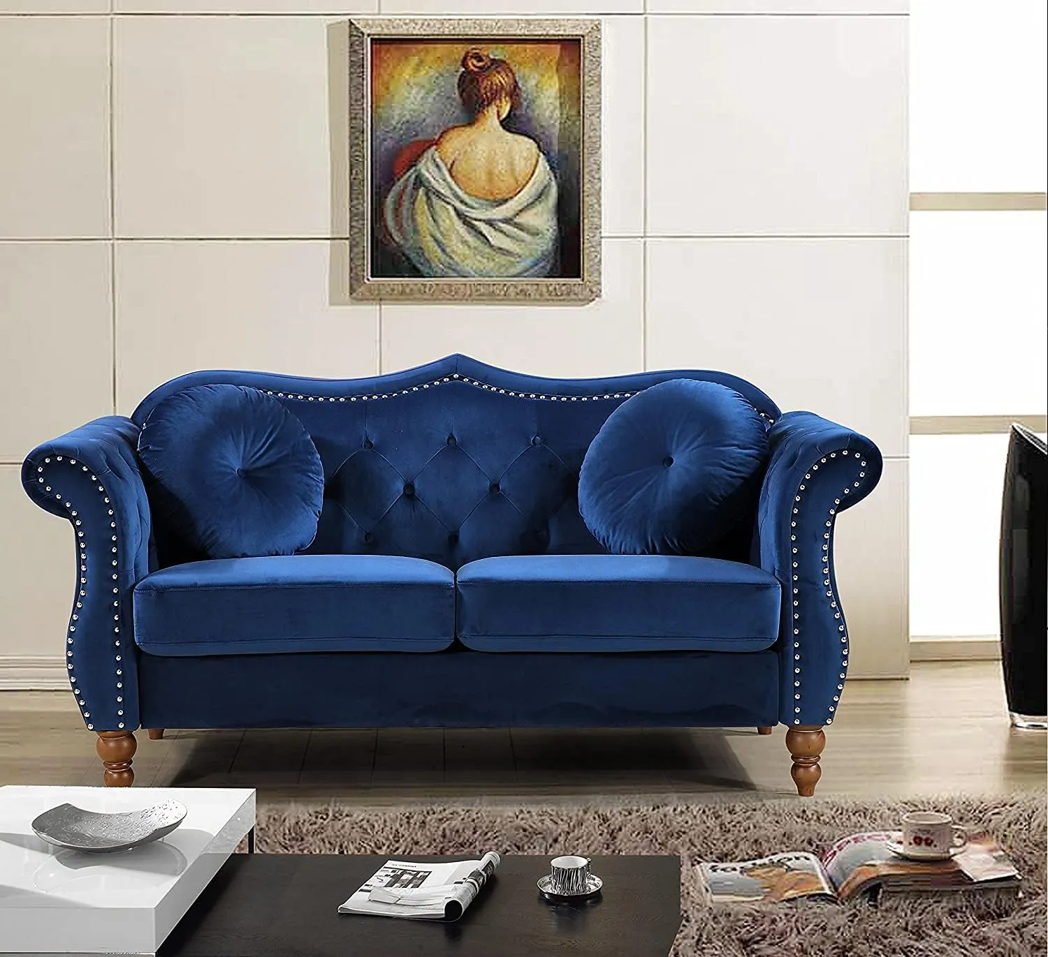 Anna1 Chesterfield Velvet Couches for Living Room, Button Tufted Luxury Upholstery with Rolled Arms, High-Density Foam, Durable Wood Frame, Sofa & Loveseat, Blue