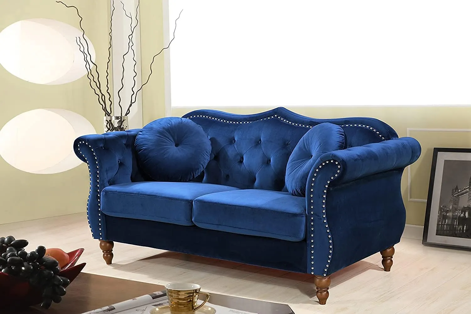 Anna1 Chesterfield Velvet Couches for Living Room, Button Tufted Luxury Upholstery with Rolled Arms, High-Density Foam, Durable Wood Frame, Sofa & Loveseat, Blue